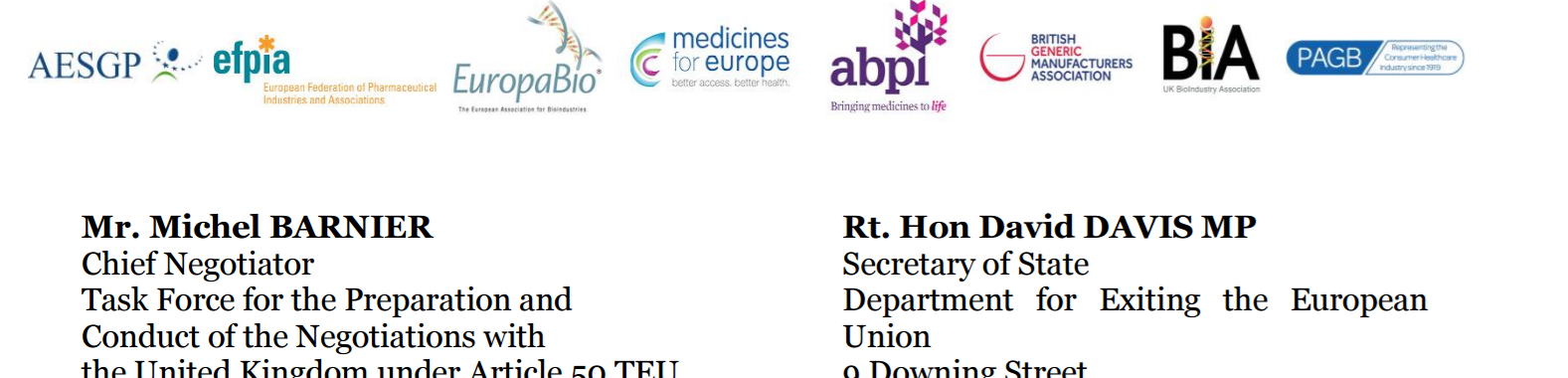 Letter to UK and EU negotiating teams from Pharmaceutical Industry