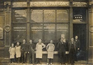 Staff outside the Ashton & Parsons established premises at 17 Wormwood Street, Bishopsgate, London